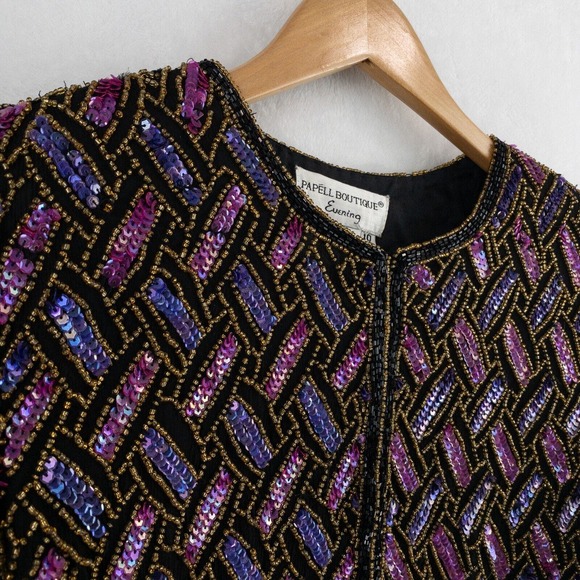 Papell Boutique Evening Jacket Size 10 Beaded Sequin Party 100% Silk Geometric - Picture 2 of 12